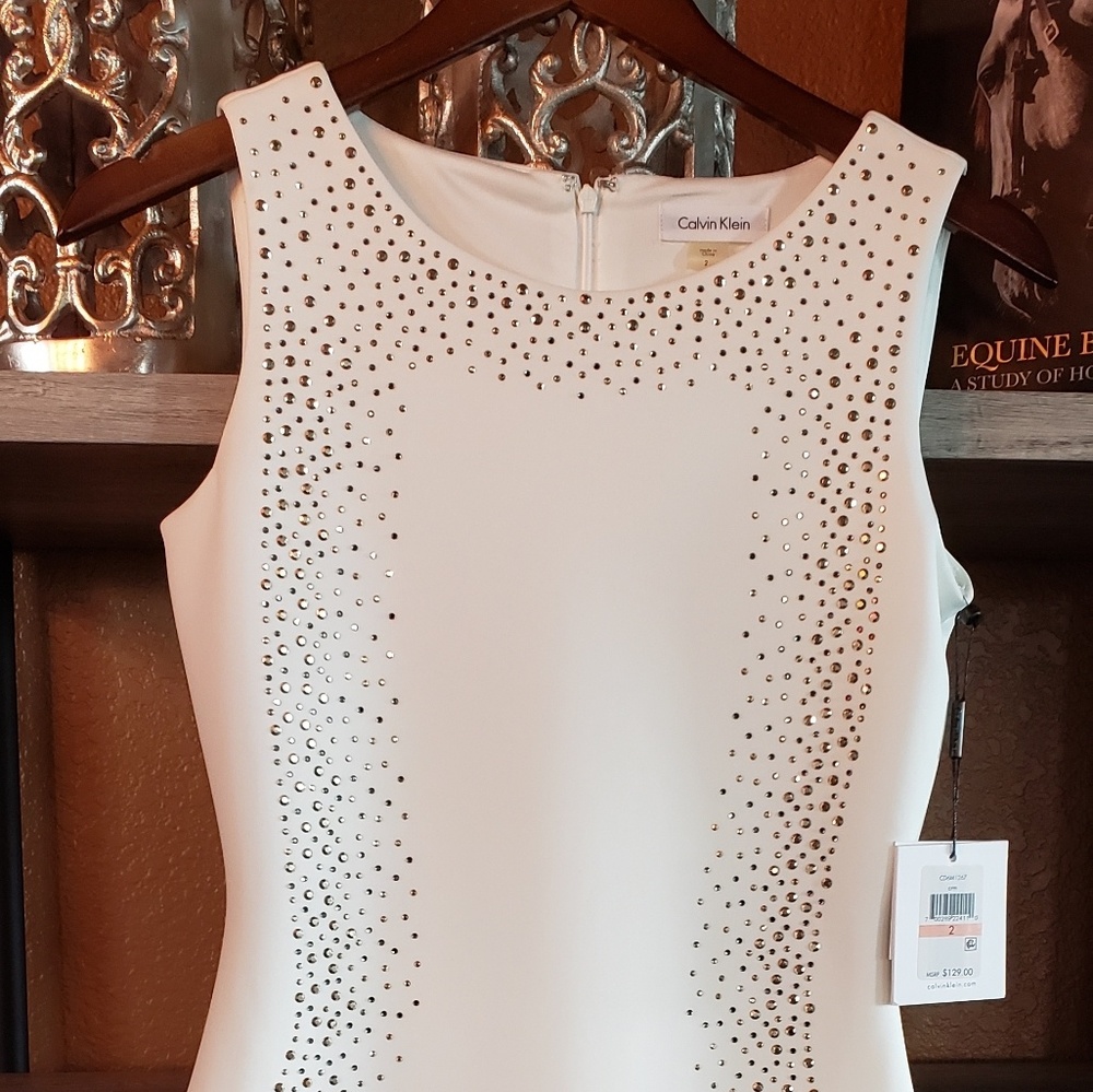 Calvin Klein Beaded Cream Cocktail Dress.